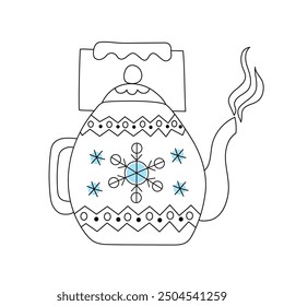 Hot drink. Tea in a teapot. Warm up. Winter season. Christmas ornament, snowflakes. Kettle. Drawings, doodles. Tea time illustration for cafe and restaurant menu design, isolated background.