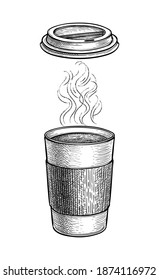Hot drink with vapor. Paper cup and lid. Coffee or tea. Ink sketch mockup isolated on white background. Hand drawn vector illustration. Retro style.