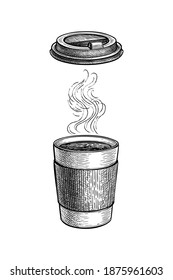 Hot drink with vapor. Paper cup and lid. Coffee to go. Small size. Ink sketch mockup isolated on white background. Hand drawn vector illustration. Retro style.