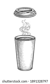 Hot drink with vapor. Paper cup and lid. Coffee or tea. Large size. Ink sketch mockup isolated on white background. Hand drawn vector illustration. Retro style.