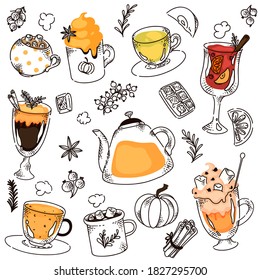 Hot drink variety hand drawing collage with berry, fruit and cinnamon. Classic green, medicinal, healing herbal tea, mulled wine, different flavour coffee type vector illustration on white background