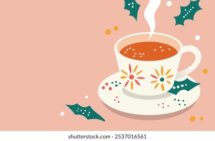 A сup with a hot drink. Warm tea. Winter season. Christmas or New Year. Banner template design. Vector flat illustration.