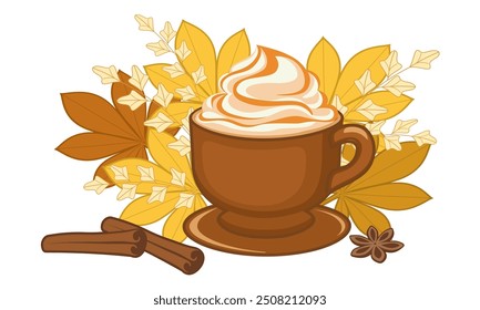 Bebida caliente con nata batida en una taza de café marrón y especias sobre un fondo de Ilustración vectorial de hojas de otoño, Elementos de diseño decorativos.