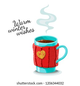 Hot drink in a winter mug, an illustration for cafe, tea drinking or cafeteria. Hand drawn inscription Warm wishes. Isolated on white background. Flat style vector cartoon drawing.