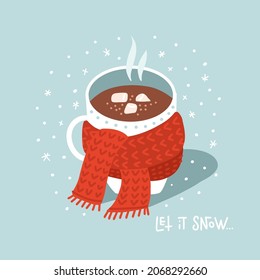 Beber caliente en una taza de invierno envuelta en una bufanda caliente de punto rojo. Concepto para café, té o cafetería. Inscripción con letras dibujadas a mano - Que nieve... Ilustración de dibujos animados de estilo plano.