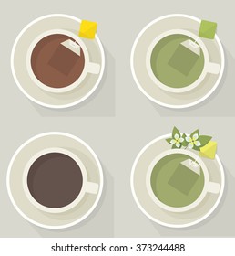 Hot drinks assortment: tea and coffee. Flat lay.