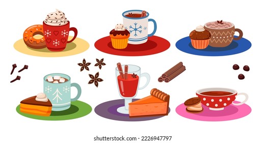 Hot drinks with baked treats cartoon illustrations set. Cups or mugs of coffee or hot chocolate and pastry isolated on white background. Beverage, Christmas or winter holidays, coziness concept