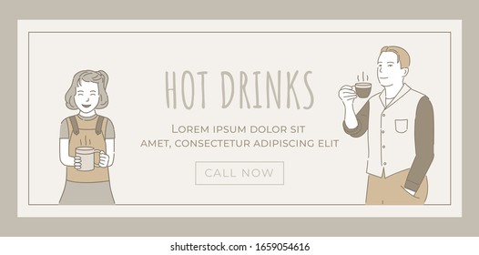 Hot drinks banner vector template with text space. Smiling man and girl holding cups with coffee, tea or cocoa cartoon outline illustration. Cafe, restaurant or bar flyer template.