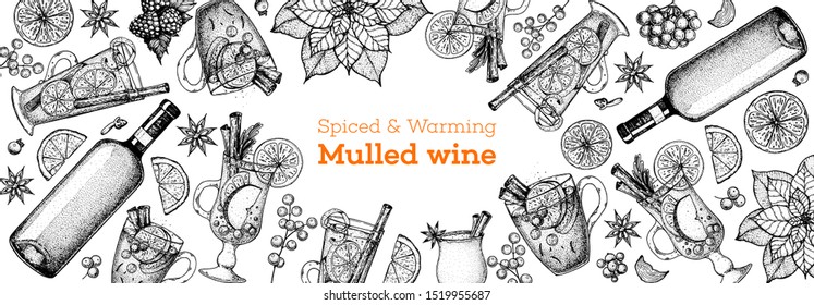 Hot drinks, bar menu. Mulled wine, winter hot drink top view. Hand drawn sketch. Vector illustration. Christmas design template. Sketch collection. Christmas bar menu. Mulled wine, coffee and tea