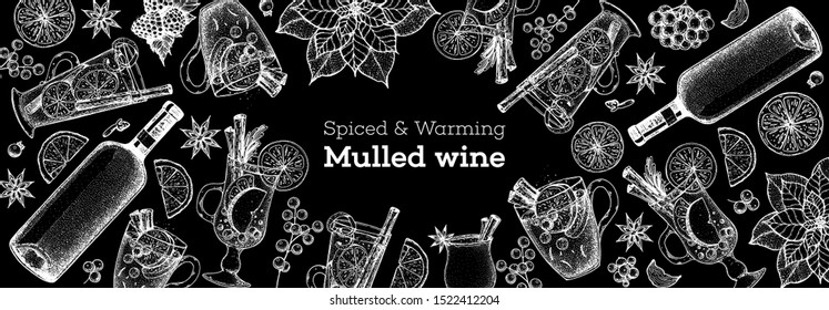 Hot drinks, bar menu. Mulled wine, winter hot drink top view. Hand drawn sketch. Vector illustration. Christmas design template. Sketch collection. Christmas bar menu. Mulled wine, coffee and tea 