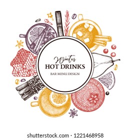 Hot drinks Bar menu. Vector frame. Hand sketched tea, mulled wine, coffee, cocoa ingredients. Winter food and beverage illustration with fruits, herbs, spices.  Christmas wreath design.