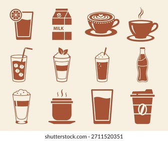 Bebidas quentes e ícones de bebidas com chá de café chá bebida gelada e símbolos de smoothie