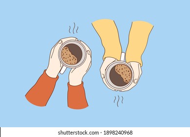 Hot drinks for breakfast concept  Female hands holding cups fresh brewed coffee drinks over blue table background vector illustration  top view