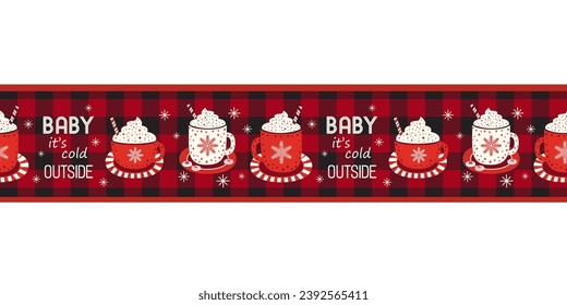 Hot drinks, buffalo plaid seamless vector border. Cozy wintertime fancy illustration. Cold winter season warm cocoa bar, coffee shop menu background, flyer frame. Coffee mug, chocolate cup cute design