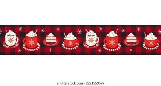 Hot Drinks And Cake On Buffalo Plaid Ribbon Seamless Vector Border. Cozy Winter Mood Sweet Dessert Design Element Illustration. Coffee Shop, Cocoa Bar Hand Drawn Background, Card, Flyer Frame Template