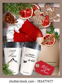 Hot drinks and Christmas decor Vector realistic 3d detailed illustrations