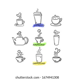 Hot drinks coffee, cappuccino, espresso, latte, americano. Set of hot drinks. Vector set of cups on a white background. Hand drawn doodle. Vector illustration, EPS 10.