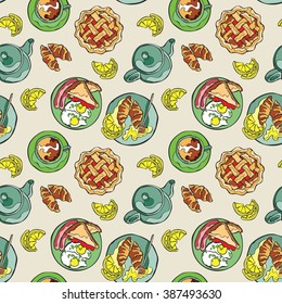 Hot drinks: coffee and tea. Breakfast: pastry (pie, croissant, brioche), eggs (scrambled eggs with bacon, eggs and sausages). Vector seamless pattern (background).