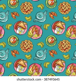 Hot drinks: coffee and tea. Breakfast: pastry (pie, croissant, brioche), eggs (scrambled eggs with bacon, eggs and sausages). Vector seamless pattern (background).
