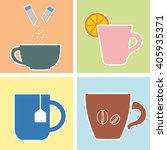 Hot drinks, coffee, tea with sugar and lemon. Vector illustration.