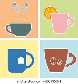 Hot drinks, coffee, tea with sugar and lemon. Vector illustration.