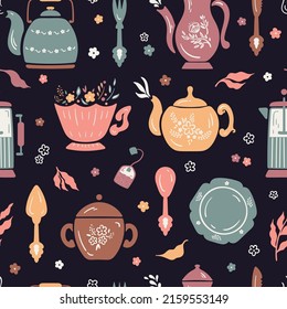 Hot drinks. Coffee Tea Time. Kitchen Utensils. Seamless Pattern of Different Teapots. Breakfast Theme Vintage Dark Background. Vector illustration. Retro Colors.