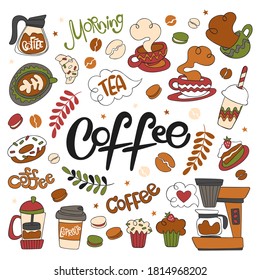 Hot drinks. Coffee. Teapot, coffee cup, coffee beans. Baking: pie slice, macaroon, croissant, cupcake, muffins. Lettering. Morning. Set. Isolated vector objects on white background. Doodle cartoon.