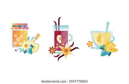 Hot Drinks Collection, Glass Transparent Mugs of Herbal Healthy Medicinal Tea and Honey Jar Vector Illustration