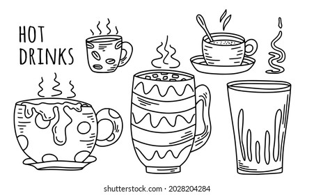 Colección de bebidas calientes de té a mano, café, chocolate caliente de diferentes formas y formas de color negro y blanco aislado en fondo blanco. Ilustración vectorial.