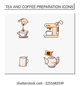 Hot drinks color icons set. Tea and coffee preparation instruction. Beverage concept. Isolated vector illustration. Editable stroke