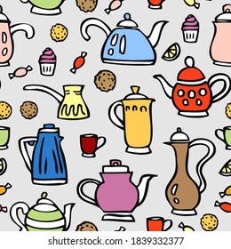 Hot drinks color seamless pattern. Teapot, Coffee, tea print. Doodle food vector illustration.