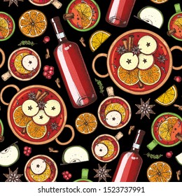 Hot drinks. Colorful seamless pattern. Mulled wine, winter hot drink. Hand drawn sketch. Vector illustration. Christmas invitation design template. Christmas bar menu. Mulled wine, coffee and tea 