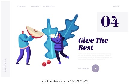 Hot Drinks Concept for Website Landing Page. Cute Male and Female Characters Wearing Warm Clothes Holding Mug with Hot Beverage and Piece of Apple Web Page Banner. Cartoon Flat Vector Illustration