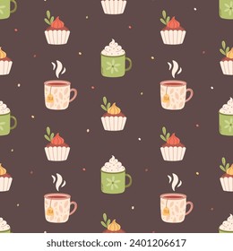Hot drinks and cupcakes seamless pattern. Autumn seamless pattern. Vector illustration in flat style