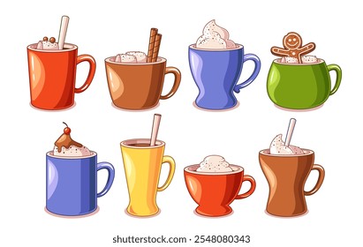Hot drinks in cups and mugs isolated set warming beverage with sweet decoration collection