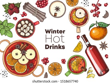 Hot drinks for design. Mulled wine, winter hot drink. Hand drawn sketch. Vector illustration. Christmas invitation design template. Colorful collection. Christmas bar menu. Mulled wine, coffee and tea