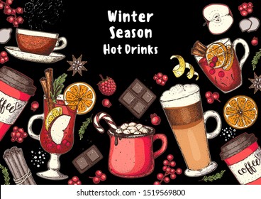 Hot drinks for design. Mulled wine, winter hot drink. Hand drawn sketch. Vector illustration. Christmas invitation design template. Colorful collection. Christmas bar menu. Mulled wine, coffee and tea