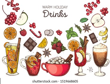 Hot drinks for design. Mulled wine, winter hot drink. Hand drawn sketch. Vector illustration. Christmas invitation design template. Colorful collection. Christmas bar menu. Mulled wine and tea