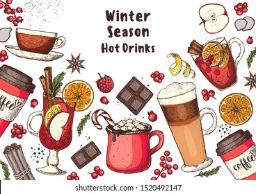 Hot drinks for design. Mulled wine, winter hot drink. Hand drawn sketch. Vector illustration. Christmas invitation design template. Colorful collection. Christmas bar menu. Mulled wine, coffee and tea
