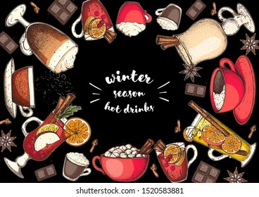 Hot drinks for design. Mulled wine, winter hot drink. Hand drawn sketch. Vector illustration. Christmas invitation design template. Colorful collection. Christmas bar menu. Mulled wine, coffee and tea