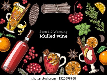 Hot drinks for design. Mulled wine, winter hot drink. Hand drawn sketch. Vector illustration. Christmas invitation design template. Colorful collection. Christmas bar menu. Mulled wine and tea.