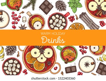Hot drinks for design. Mulled wine, winter hot drink. Hand drawn. Vector illustration. Christmas invitation design template.  Christmas bar menu. Mulled wine, coffee and tea. Packaging illustration.