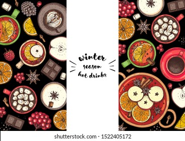 Hot drinks for design. Mulled wine, winter hot drink. Hand drawn. Vector illustration. Christmas invitation design template.  Christmas bar menu. Mulled wine, coffee and tea. Packaging illustration.