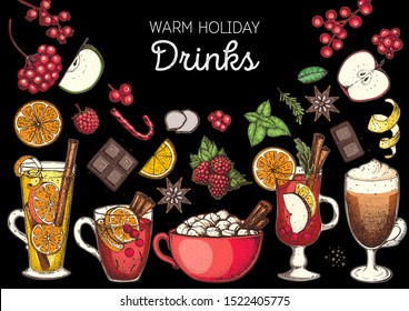 Hot drinks for design. Mulled wine, winter hot drink. Hand drawn sketch. Vector illustration. Christmas invitation design template. Colorful collection. Christmas bar menu. Mulled wine and tea 