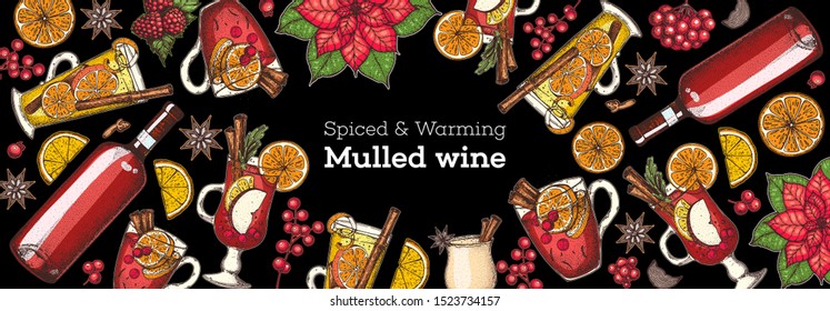 Hot drinks for design. Mulled wine, winter hot drink. Hand drawn sketch. Vector illustration. Christmas invitation design template. Colorful collection. Christmas bar menu. Mulled wine, coffee and tea