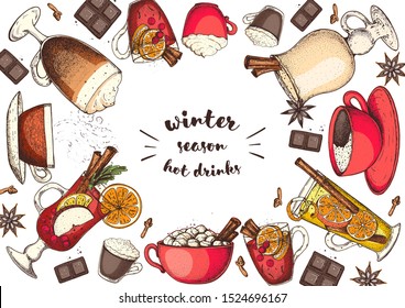 Hot drinks for design. Mulled wine, winter hot drink. Hand drawn sketch. Vector illustration. Christmas invitation design template. Colorful collection. Christmas bar menu. Mulled wine, coffee and tea