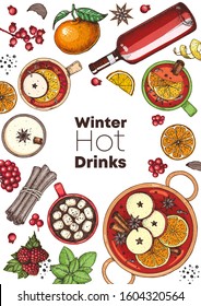 Hot drinks for design. Mulled wine, winter hot drink. Hand drawn sketch. Vector illustration. Christmas invitation design template. Colorful collection. Christmas bar menu. Mulled wine, coffee and tea
