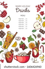 Hot drinks for design. Mulled wine, winter hot drink. Hand drawn sketch. Vector illustration. Christmas invitation design template. Colorful collection. Christmas bar menu. Mulled wine and tea