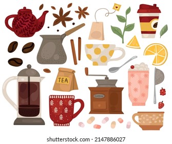 Hot drinks. Different coffee and tea accessories. Spices and flavoring additives. Bean grinders. Teapots with cups. French press. Vector traditional beverages brewing