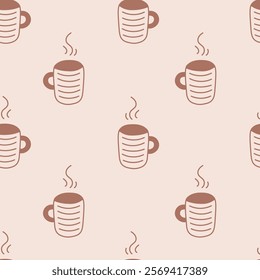 Hot Drinks Doodle Seamless Pattern. Minimal hand drawn background with coffee or tea mug and steam. Repeat vector illustration brown beige color.